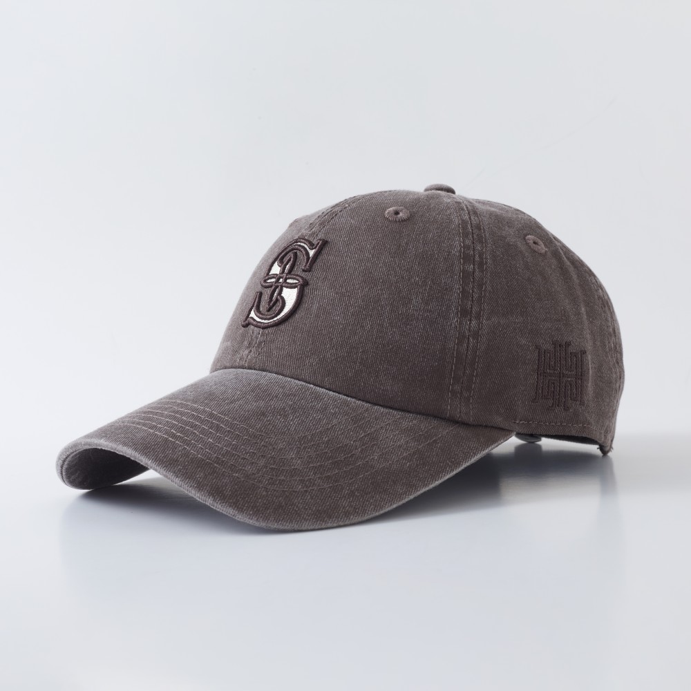 Washed Distressed Grey Baseball Cap With Embroidered S Logo, American Retro Soft-Top Curved Brim, Unisex Style