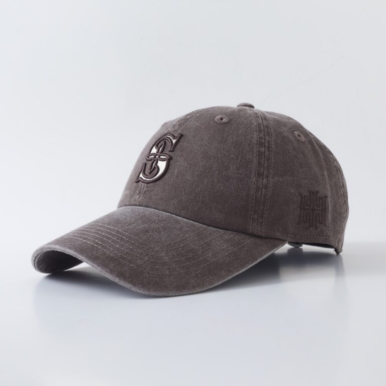 Baseball Cap with Curved Brim Washed Distressed Grey Baseball Cap With Embroidered S Logo, American Retro Soft-Top Curved Brim, Unisex Style