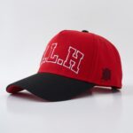Baseball Cap with Curved Brim Street Hip-Hop Style HLH Letter Embroidered Hard-Top Snapback Cap – Black & Red Contrast Color, Versatile Curved Brim Baseball Cap