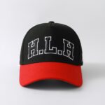 Baseball Cap with Curved Brim Street Hip-Hop Style HLH Letter Embroidered Hard-Top Snapback Cap – Black & Red Contrast Color, Versatile Curved Brim Baseball Cap