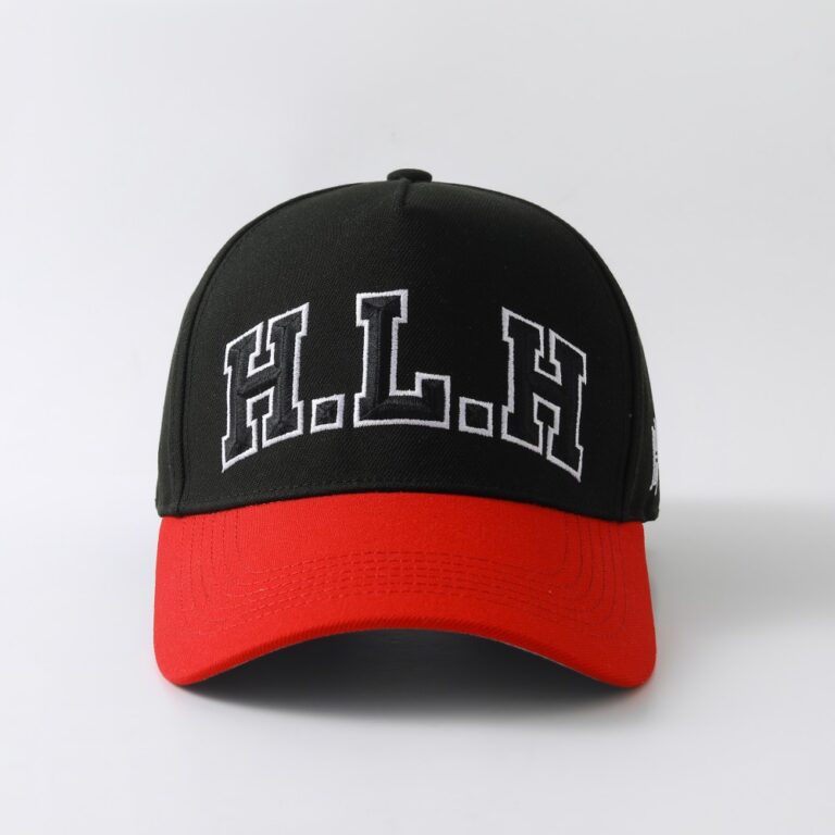 Baseball Cap with Curved Brim Street Hip-Hop Style HLH Letter Embroidered Hard-Top Snapback Cap – Black & Red Contrast Color, Versatile Curved Brim Baseball Cap